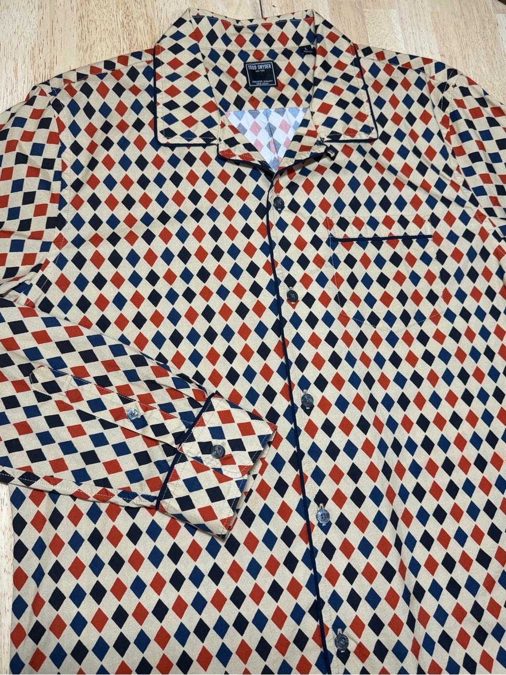 Todd Snyder Tipped Cream Argyle Camp Collar Diamond Print Long Sleeve Shirt L